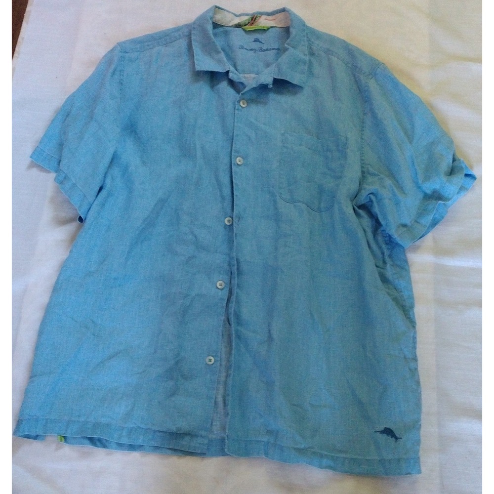Tommy Bahama Relax Shirt Blue Men's Size XLarge 100% Linen Short Sleeve